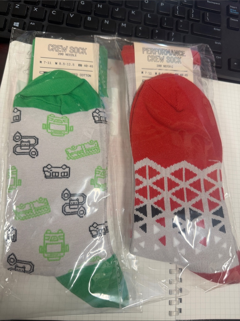 Crew Sock Two-Pack — Green Accent Printed & Red Geometric Socks